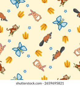 Animais selvagens bonitos padrão sem costura para decoração de chuveiro de bebê, impressão de berçário, papel de parede de jardim de infância, tecido e têxtil. Ilustração vetorial