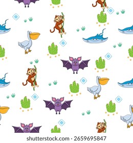 Cute wild animals seamless pattern for baby shower decor, nursery print, kindergarteen wallpaper, fabric, and textile. Vector illustration