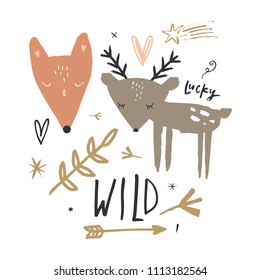 Cute wild animals set. Baby prints, stickers. Vector and jpg image. Clipart, isolated details, handcrafted.