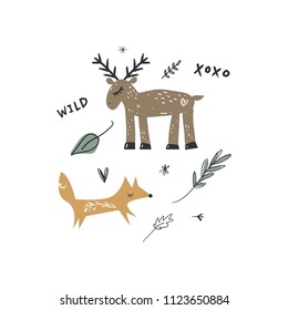 Cute wild animals set. Baby prints, stickers. Clipart, isolated details, handcrafted.