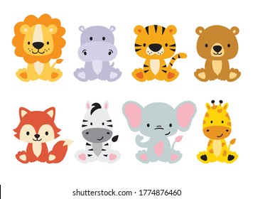 Cute wild animals set including lion, tiger, hippo, bear, fox, zebra, giraffe, and elephant. Safari jungle animals vector. Woodland animal illustration.
