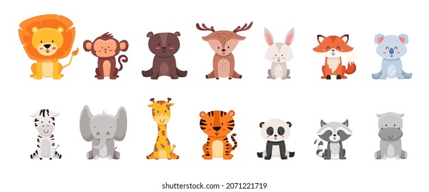 Cute wild animals set including lion, tiger, hippo, bear, fox, zebra, giraffe, and elephant etc. Safari jungle animals vector for children print and decoration. Vector cartoon illustration.