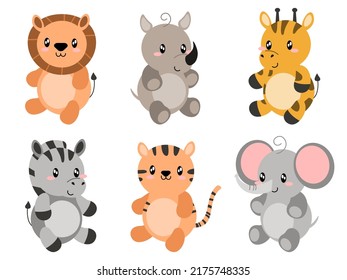Cute wild animals set including lion, tiger, rino, zebra, giraffe, and elephant. Safari jungle animals vector. Woodland animal illustration. EPS