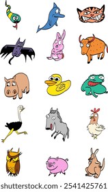 Lindos animales salvajes que incluyen serpiente, delfín, gato, murciélago, conejo, vaca, hipopótamo, pato, rana, avestruz, caballo, pollo, búho, cerdo, canguro