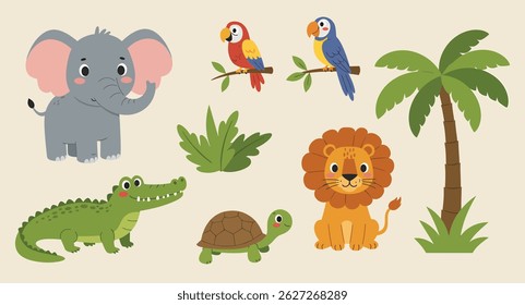 Cute Wild Animals Set Including Lion, Parrot, Turtle, Crocodile, Elephant, Palm Tree, Grass. Flat Design Vector Illustration