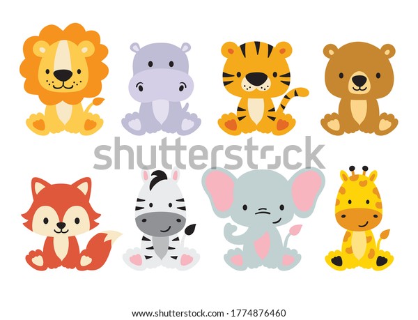 Cute wild animals set including\
lion, tiger, hippo, bear, fox, zebra, giraffe, and elephant. Safari\
jungle animals vector. Woodland animal\
illustration.