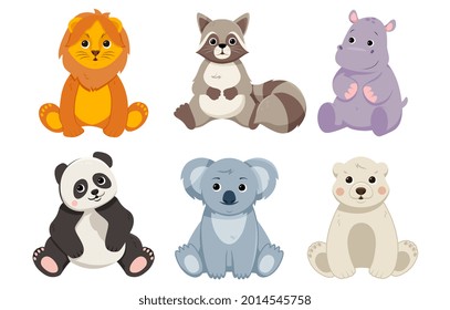 Cute wild animals set. Safari jungle animals. Design elements for printing. Lion, raccoon, hippo, panda, koala, polar bear. Cartoon modern flat vector collection isolated on white background