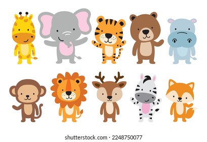 Cute Wild Animals in Standing position Vector Illustration. Animals include a giraffe, elephant, tiger, bear, hippo, monkey, lion, deer, zebra, and fox. svg