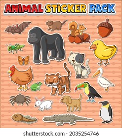 Cute wild animals sticker pack isolated illustration
