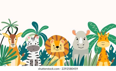 Animales salvajes en hojas tropicales. Animales africanos en la jungla. Cebra, león, jirafa, antílope y rinocerontes en un estilo de dibujos animados planos. Banner horizontal del vector. 