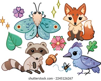 cute wild animals vector graphics  fox  bird  moth  raccoon  flowers   leaves