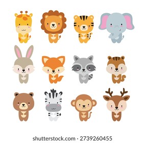 Cute wild animals vector illustration set featuring twelve forest animals in standing poses. Includes tiger, lion, elephant, giraffe, zebra, deer, fox, monkey, and other animals in a cute cartoon style.
