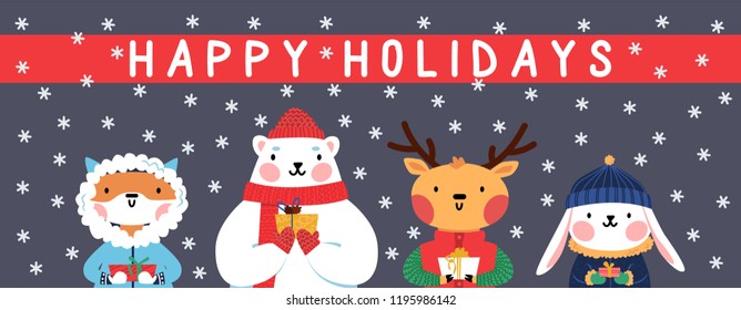 Cute wild animals in winter clothes holding gifts in their paws. Flat cartoon vector illustration for card or banner.