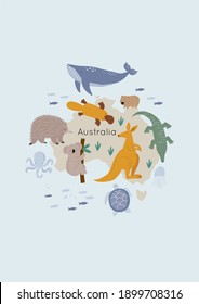 Animales australianos salvajes muy bonitos - Ilustración vectorial. Koala, platypus, echidna, canguro, cocodrilo, tortuga. Personajes de dibujos animados de estilo escandinavo para niños