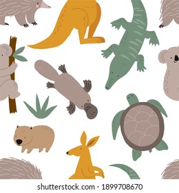 Animales australianos salvajes muy bonitos - Ilustración vectorial. Koala, platypus, echidna, canguro, cocodrilo, tortuga. Patrón sin inconvenientes con personajes de caricatura al estilo escandinavo para niños