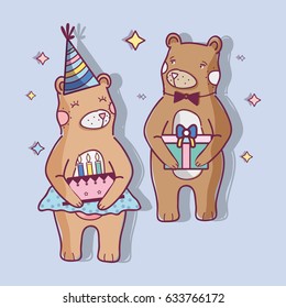 cute wild bears with a cake and gift