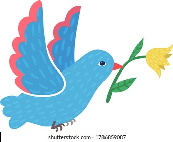 Cute wild blue pigeon carry spring yellow flower, bird flying hold beak blossom isolated on white, flat vector illustration. Design springtime mood, dove pick up field floret leaf.