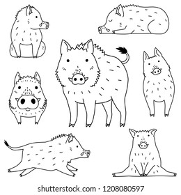 cute wild boar doodle drawing set