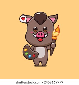 cute wild boar painter cartoon vector illustration.
Vector cartoon Illustration suitable for poster, brochure, web, mascot, sticker, logo and icon.