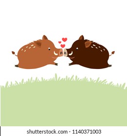 Cute wild boars falling in love cartoon character. Vector illustration.