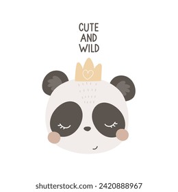 Cute and wild. cartoon panda, hand drawing lettering, decorative elements. flat style, colorful vector for kids. baby design for cards, poster decoration, t-shirt print