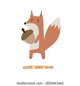 cute and wild. cartoon squirrel, hand drawing lettering, decor elements. Colorful vector illustration for kids, flat style. baby design for card, print, poster, cover.