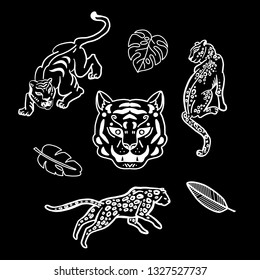 Cute wild cats and monstera leaves. Leopards and tigers are isolated on a black background. Hand drawn linear illustration.