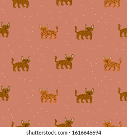 Cute wild cheetah cat seamless pattern abstract characters. Hand drawn design vector texture. Cheerful cheetah childish style animals.