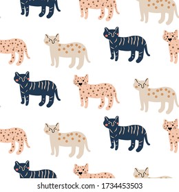 Cute wild cheetah cat seamless pattern abstract characters. Hand drawn design vector texture. Cheerful cheetah childish style animals.