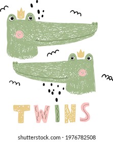 Cute wild crocodile twins cartoon vector illustration in pastel nordic boho color style. Princess and prince with crown.