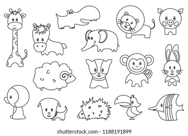Cute wild and domestic animals cartoon stickers or icons set. Funny lion, bird, pig, giraffe, hedgehog, parrot, penguin, monkey, rabbit, sheep, horse, puppy, behemoth, elephant isolated flat vectors
