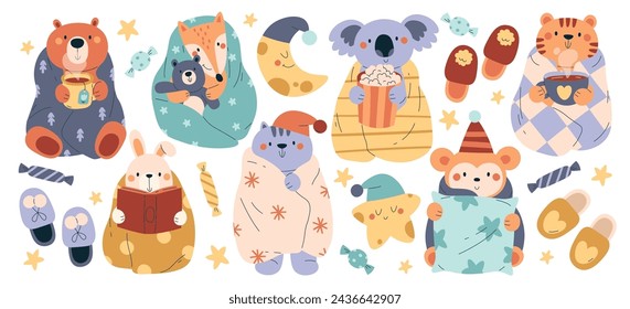 Cute wild and domestic animals characters wrapped in warm cozy blankets and plaids set. Bear, fox, koala, tiger, rabbit, cat, monkey holding popcorn, tea, book, pillow or toy vector illustration