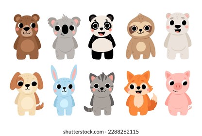 Cute wild and domestic animals set including brown bear, polar bear, panda, koala, sloth, cat, dog, pig, fox, and rabbit. Cartoon kids illustration.