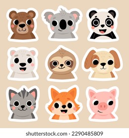Cute wild and domestic animals set including brown bear, polar bear, panda, koala, sloth, cat, dog, pig, fox. Cartoon kids illustration.