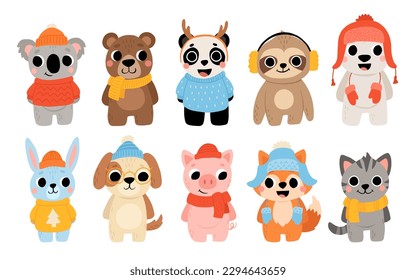 Cute wild and domestic animals set in winter clothes, including brown bear, polar bear, panda, koala, sloth, cat, dog, pig, fox, and rabbit. Cartoon kids illustration with hats and sweaters.