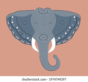 Cute wild elephant abstract. Head with a pattern, vector for print, postcards, banner, textiles and more.