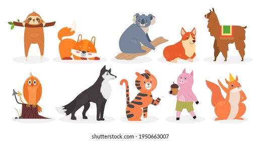 Cute wild or farm animal set, sloth hanging on tree branch, forest fox wolf tiger owl