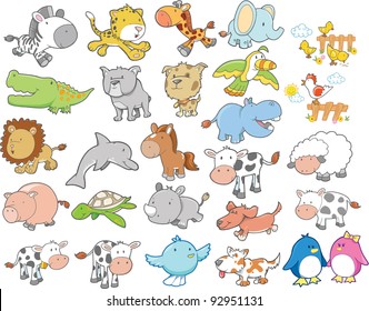 Cute Wild Farm Animal Vector Design Elements Set