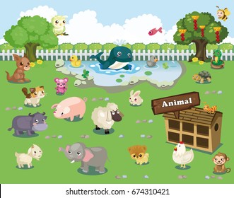 cute Wild Farm animals cartoon icons set for web design on animal farm background

