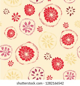 Cute wild flower seamless pattern with a linocut texture. Vector design, for  textiles, fashion, gift wrapping paper and graphic design. For gardeners and lovers of flowers who want a unique look.