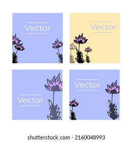 Conjunto de ilustraciones de esbozos de flores silvestres. Belleza de fondo cuadrado dibujado a mano floral. Banner de medios cosméticos botánicos