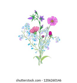Cute Wild Flowers Bouquet Isolated on White Background for Greeting Cards, Wedding Invitations, Illustrations, Web, Textile Designs. Vector Bouquet of Cosmos Flowers, Bellflowers and Forget mt not