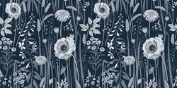 Cute Wild Flowers And Herbs Seamless Pattern. Navy Blue Vintage Background For Creating Textiles, Fabrics, Paper, Wallpapers. Dark Background. Vector Illustration.
