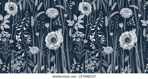 Cute wild flowers and herbs seamless pattern. Navy blue Vintage background for creating textiles, fabrics, paper, wallpapers. Dark background. Vector illustration.