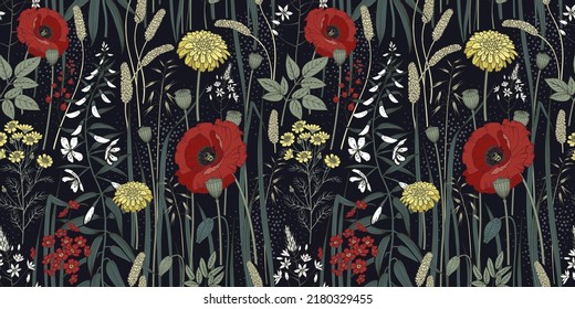 Frische Wildblumen und Kräuter nahtlos Muster. Farbiger Vintage-Hintergrund zum Erstellen von Textilien, Stoffen, Papier, Tapeten. Dunkler Hintergrund. Vektorgrafik.