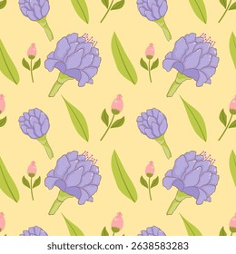 Cute wild flowers seamless pattern, cartoon, flat design, hand-drawn vector, in purple with pink buds and green leaves on a soft yellow background. Perfect for fabric, textile, print, wallpaper