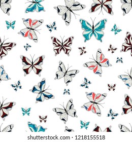 Cute wild fly hexapods isolated on gently neutral, blue and white backdrop. Freehand linear ink hand drawn logo in art retro tileable openwork design style.