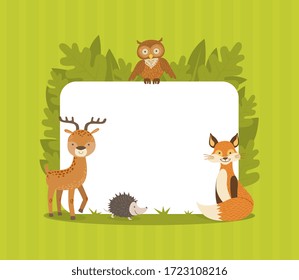 Cute Wild Forest Animals with Blank Banner, Flamingo, Owl, Deer, Hedgehog, Fox Standing Next to the Blank Signboard Vector illustration