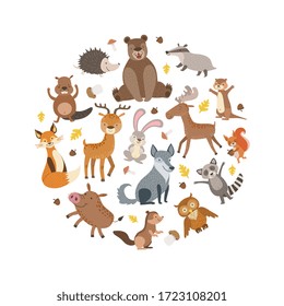 Cute Wild Forest Animals Pattern of Round Shape, Greeting Card, Poster, Banner, Background Design Element Vector Illustration
