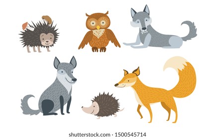 Cute Wild Forest Animals Set, Hedgehog, Owl, Wolf, Fox Vector Illustration